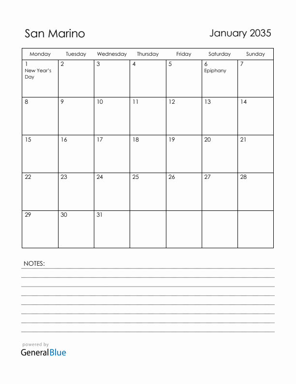 January 2035 San Marino Calendar with Holidays (Monday Start)