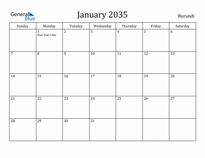 January 2035 Calendar Burundi