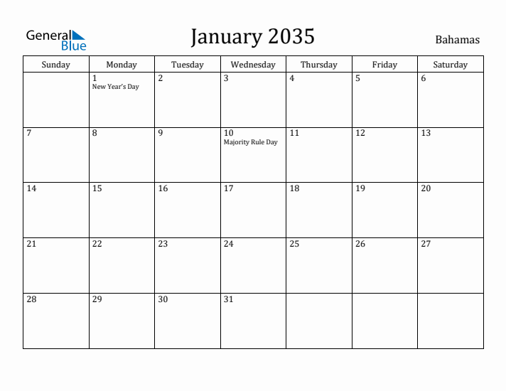 January 2035 Calendar Bahamas