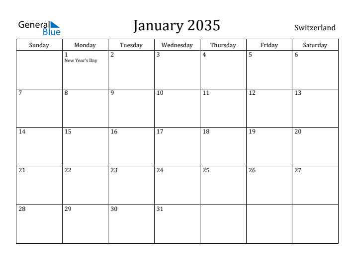 January 2035 Calendar Switzerland