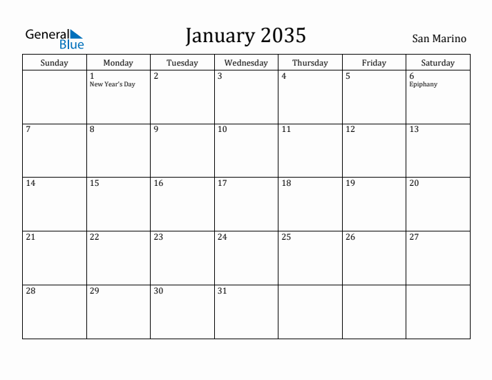 January 2035 Calendar San Marino
