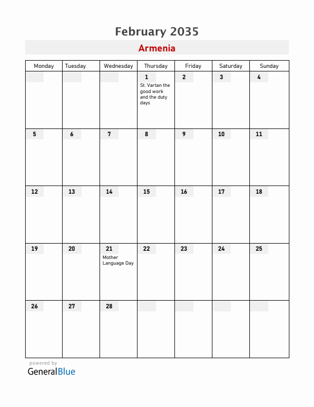Armenia February 2035 Calendar with Holidays