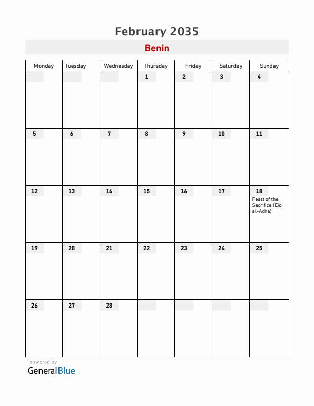 Benin February 2035 Calendar with Holidays