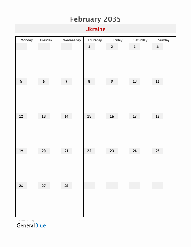 Ukraine February 2035 Calendar with Holidays