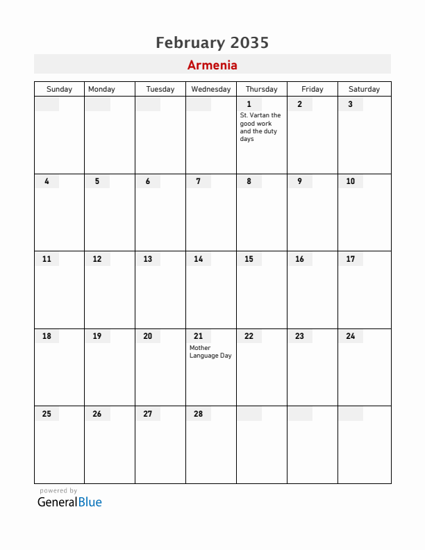 Armenia February 2035 Calendar with Holidays