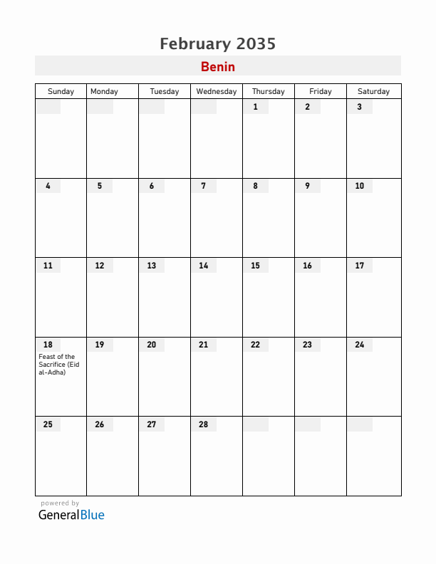 Benin February 2035 Calendar with Holidays