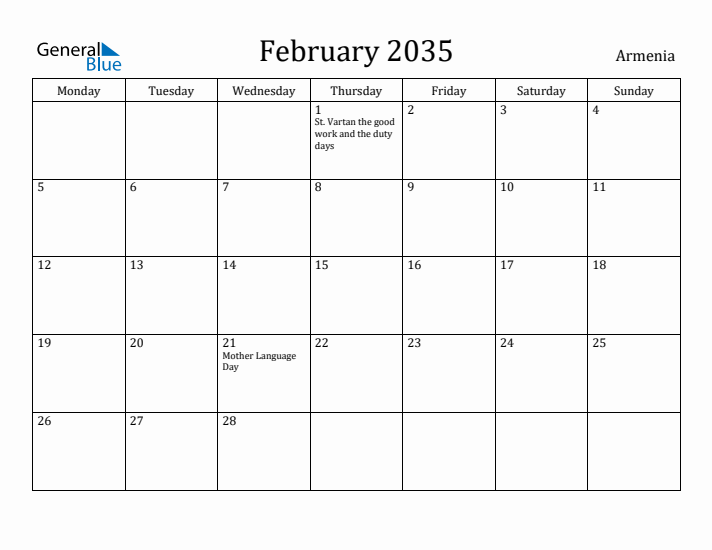 February 2035 Calendar Armenia