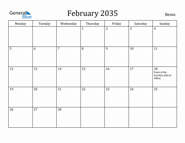 February 2035 Calendar Benin