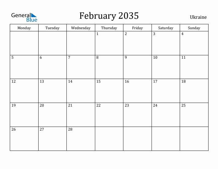 February 2035 Calendar Ukraine