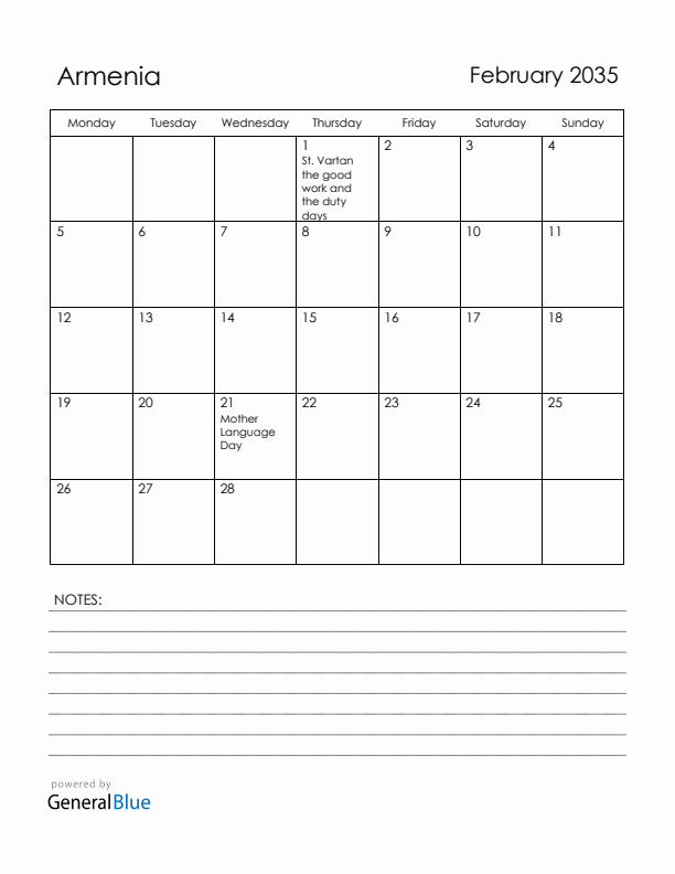 February 2035 Armenia Calendar with Holidays (Monday Start)