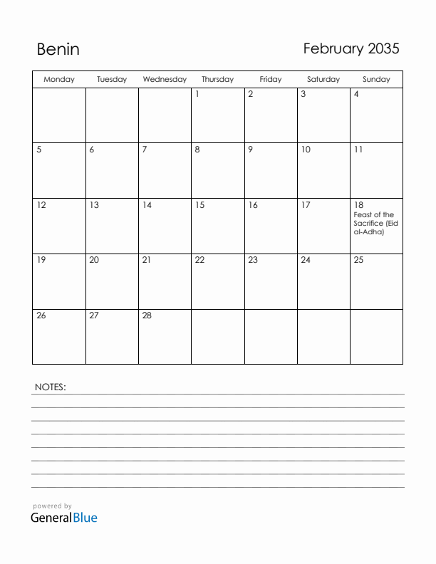 February 2035 Benin Calendar with Holidays (Monday Start)