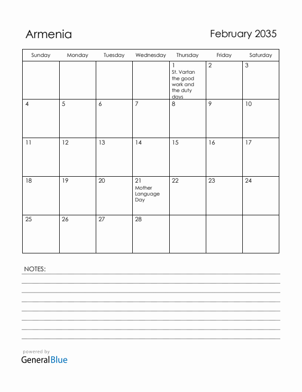 February 2035 Armenia Calendar with Holidays (Sunday Start)