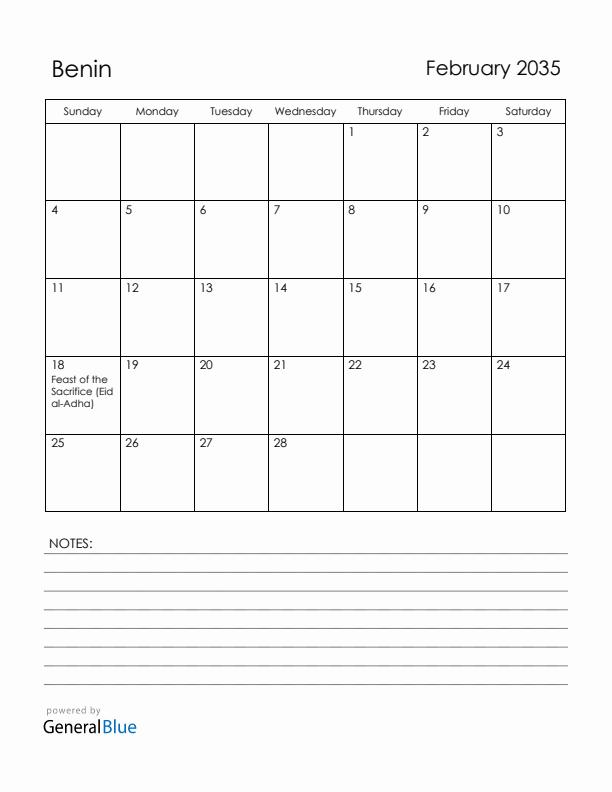 February 2035 Benin Calendar with Holidays (Sunday Start)