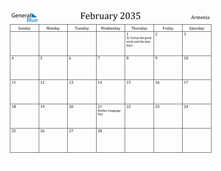 February 2035 Calendar Armenia