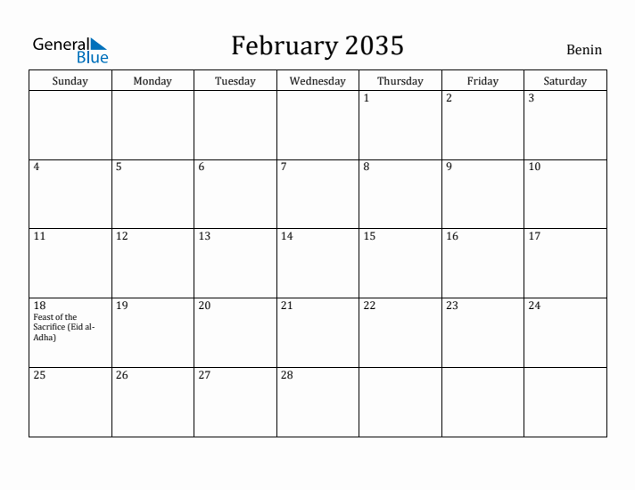 February 2035 Calendar Benin