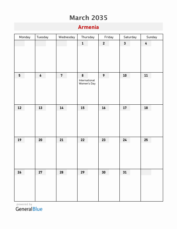 Armenia March 2035 Calendar with Holidays