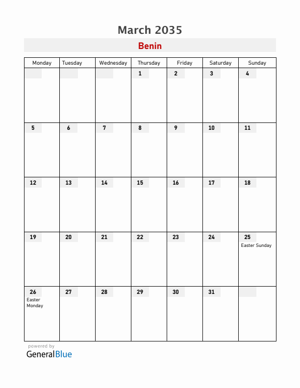 Benin March 2035 Calendar with Holidays