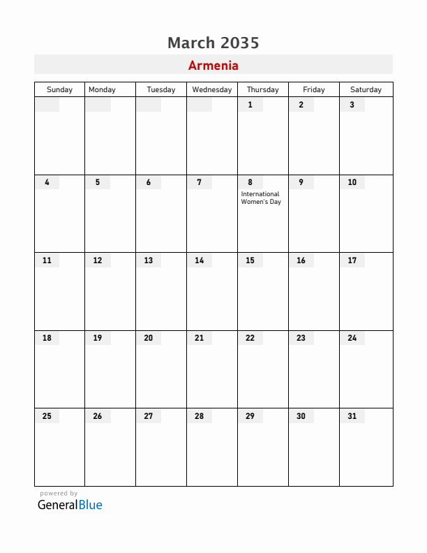 Armenia March 2035 Calendar with Holidays