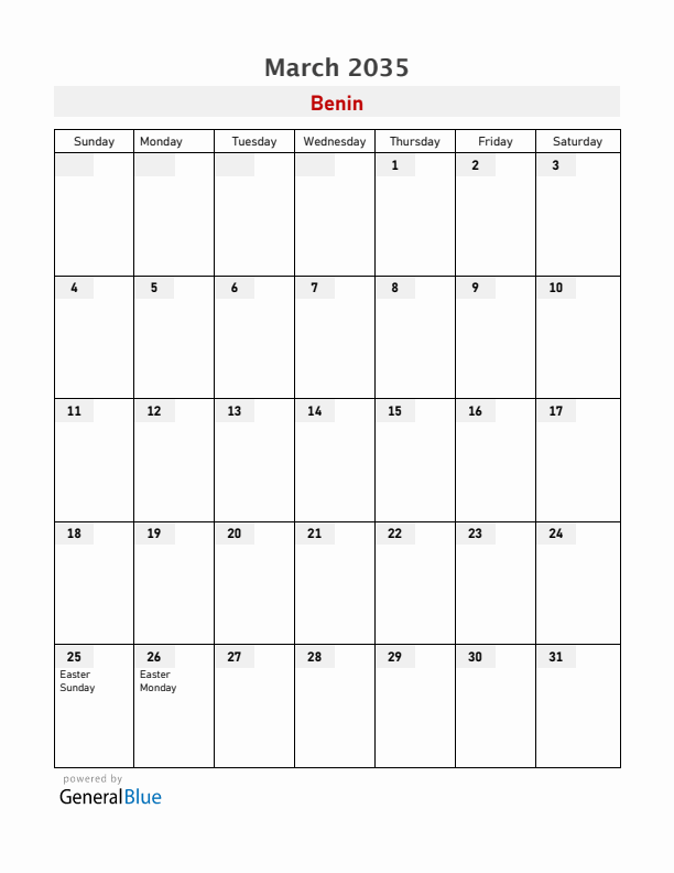 Benin March 2035 Calendar with Holidays