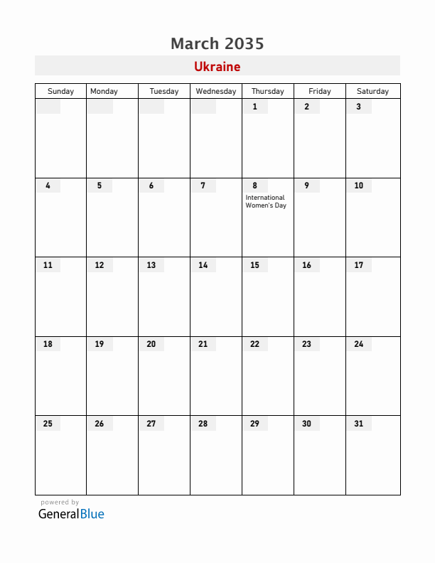 Ukraine March 2035 Calendar with Holidays