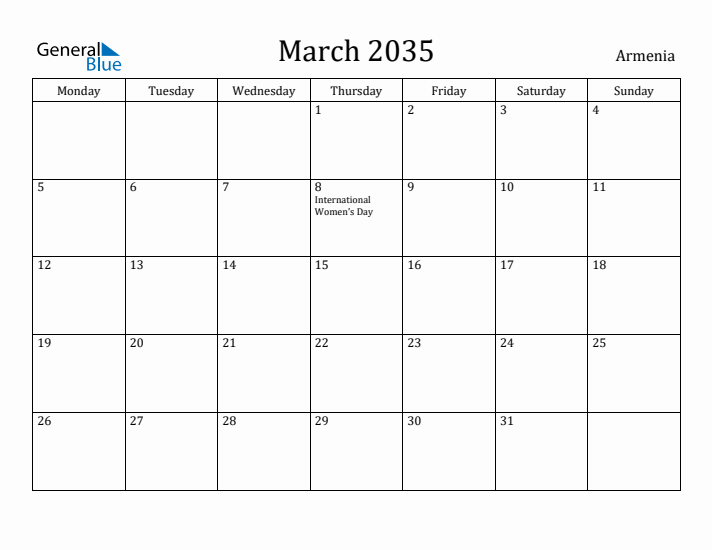 March 2035 Calendar Armenia
