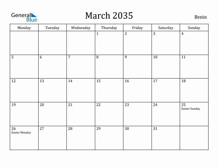 March 2035 Calendar Benin