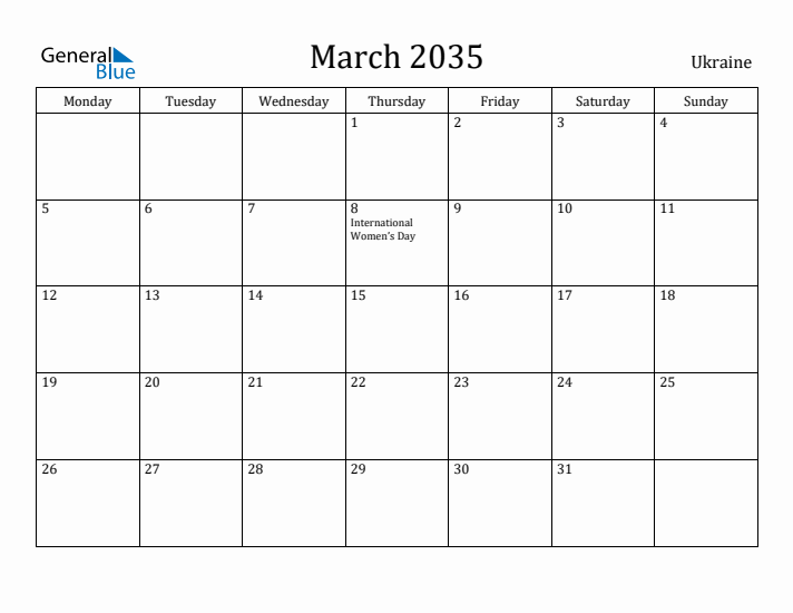 March 2035 Calendar Ukraine