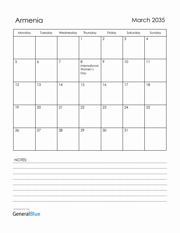 March 2035 Armenia Calendar with Holidays (Monday Start)
