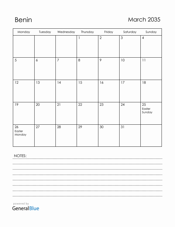 March 2035 Benin Calendar with Holidays (Monday Start)