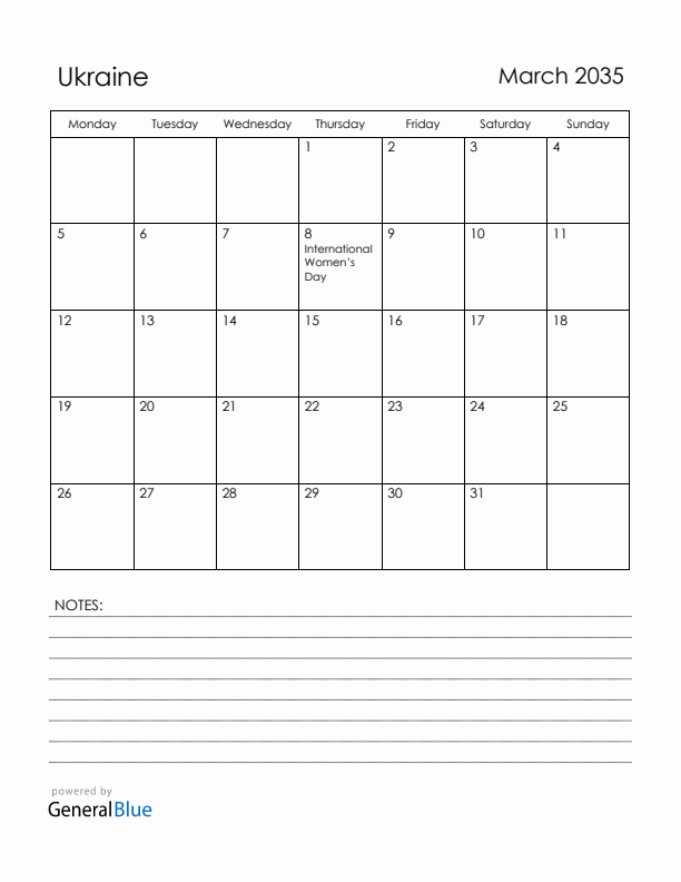 March 2035 Ukraine Calendar with Holidays (Monday Start)