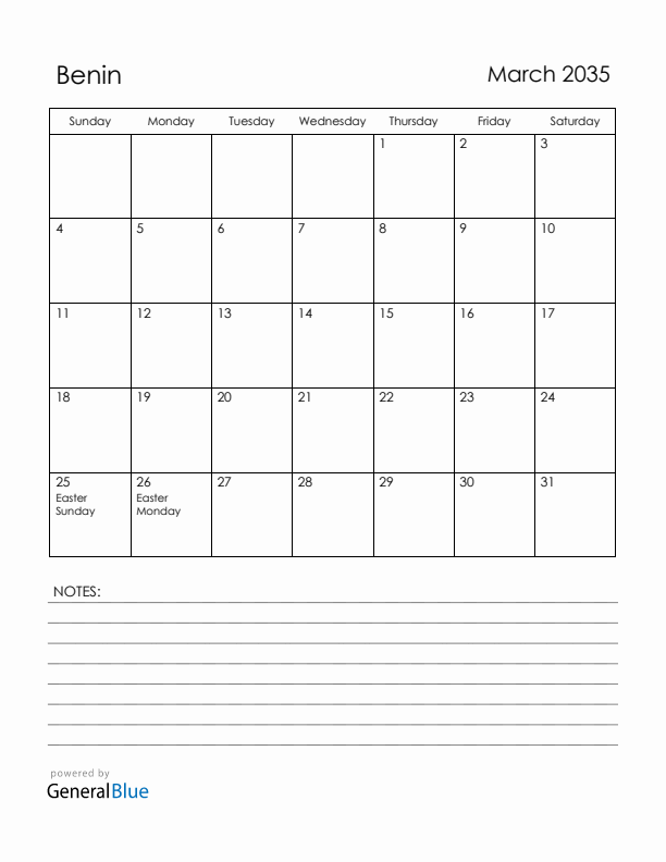 March 2035 Benin Calendar with Holidays (Sunday Start)