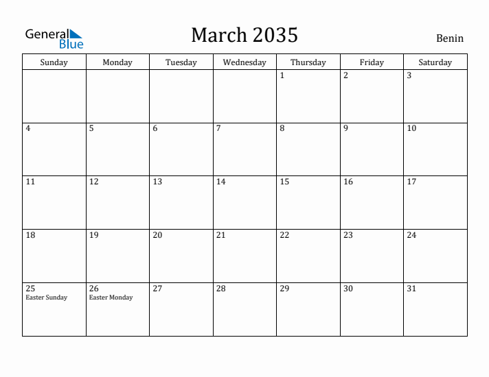 March 2035 Calendar Benin