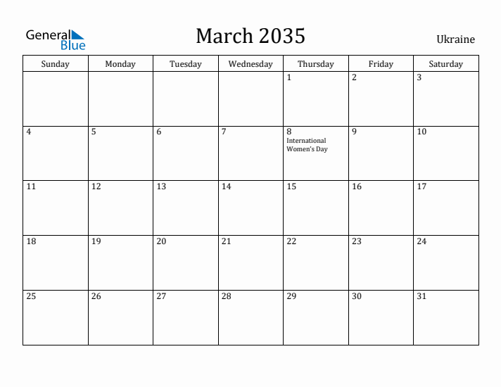 March 2035 Calendar Ukraine