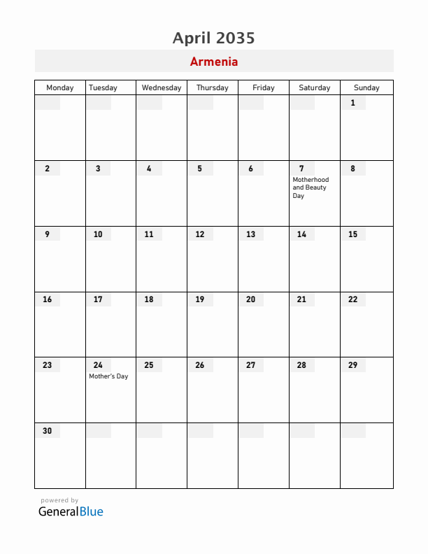 Armenia April 2035 Calendar with Holidays