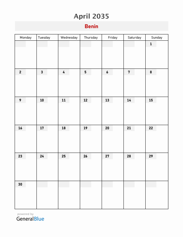 Benin April 2035 Calendar with Holidays