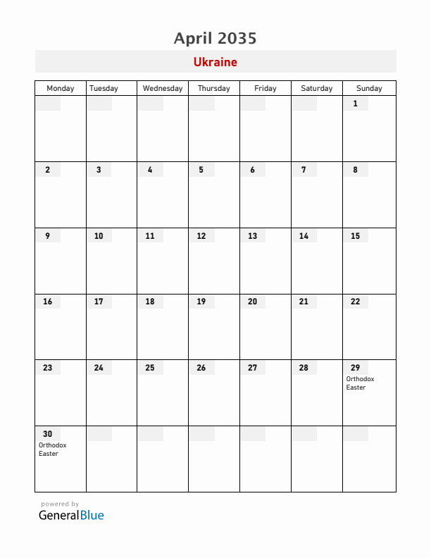 Ukraine April 2035 Calendar with Holidays