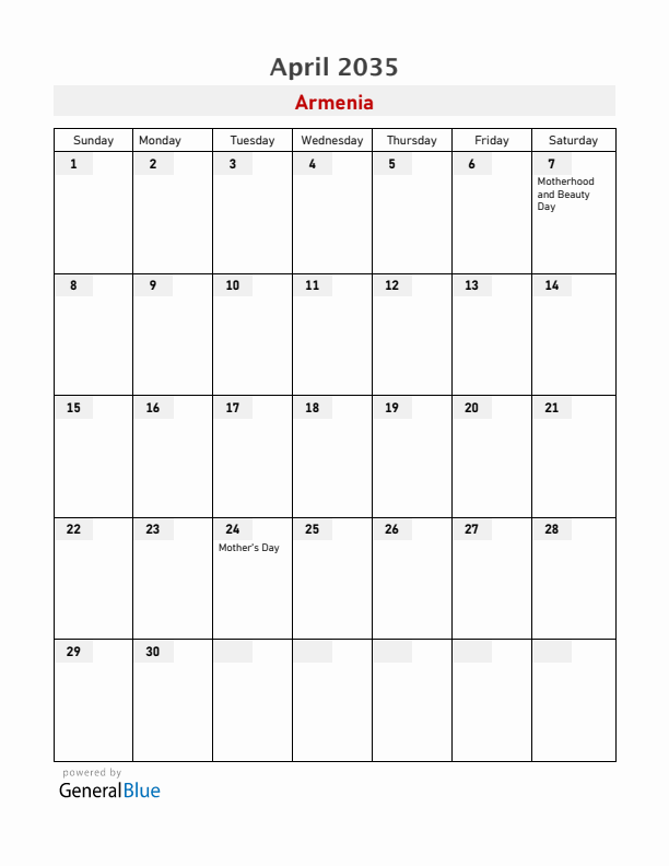 Armenia April 2035 Calendar with Holidays