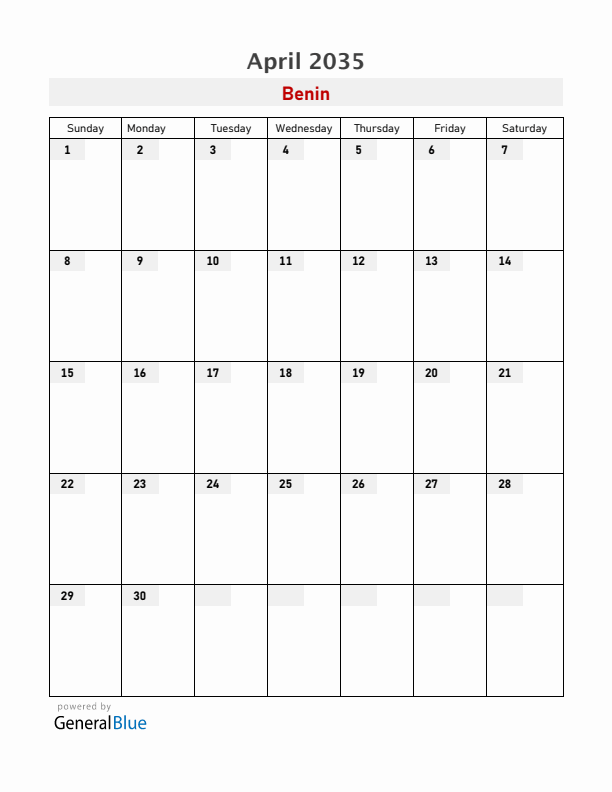 Benin April 2035 Calendar with Holidays