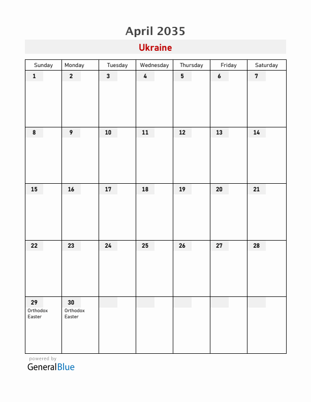 Ukraine April 2035 Calendar with Holidays