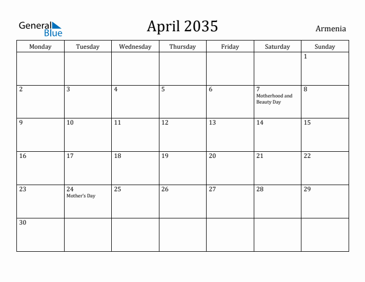 April 2035 Calendar Armenia