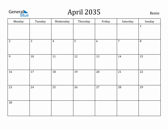April 2035 Calendar Benin