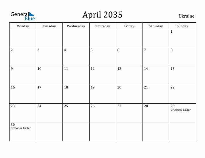 April 2035 Calendar Ukraine