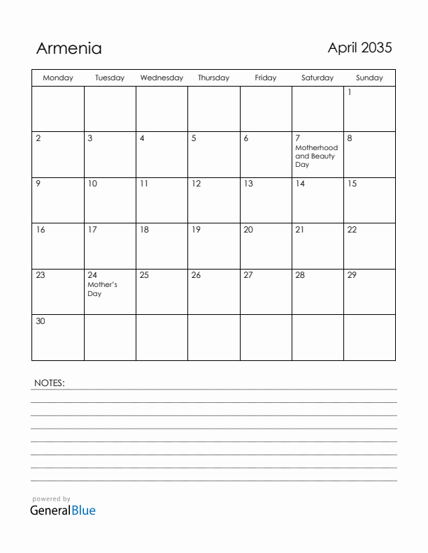 April 2035 Armenia Calendar with Holidays (Monday Start)