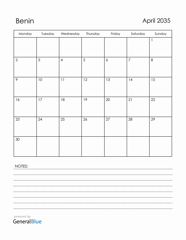 April 2035 Benin Calendar with Holidays (Monday Start)