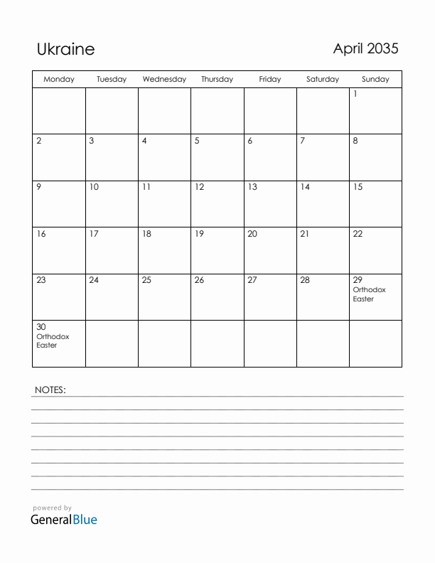 April 2035 Ukraine Calendar with Holidays (Monday Start)