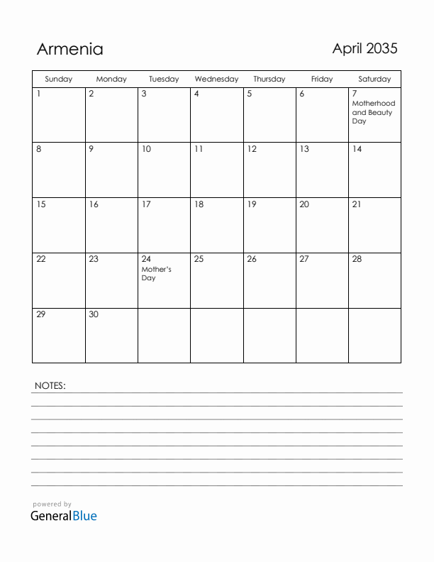 April 2035 Armenia Calendar with Holidays (Sunday Start)