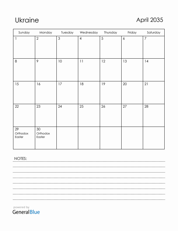 April 2035 Ukraine Calendar with Holidays (Sunday Start)