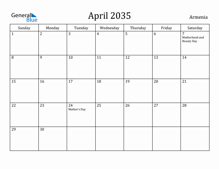 April 2035 Calendar Armenia