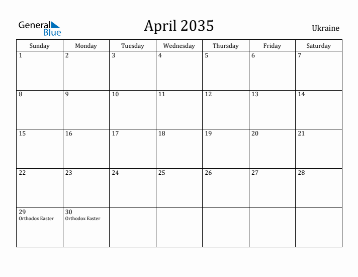 April 2035 Calendar Ukraine