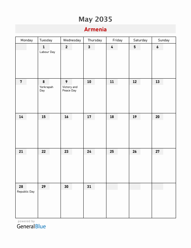 Armenia May 2035 Calendar with Holidays